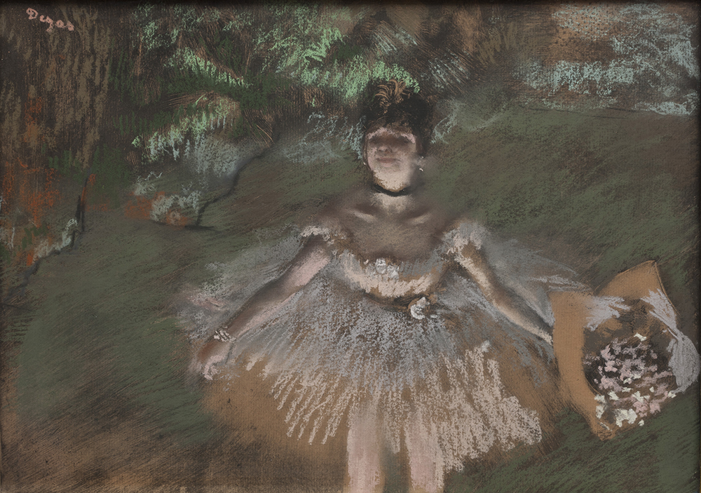 Edgar Degas Dancer Onstage with a Bouquet c. 1876 Pastel over monotype on laid paper 10 5/8 x 14 7/8 in. (27 x 37.8 cm)