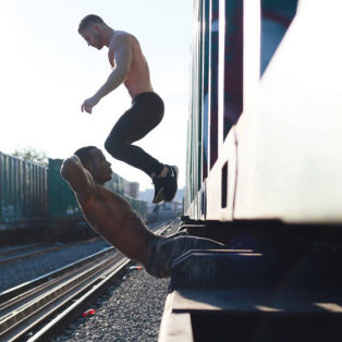 men's fitness, topless men working out on train tracks