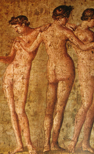 erotic art of pompeii, three woman standing together naked