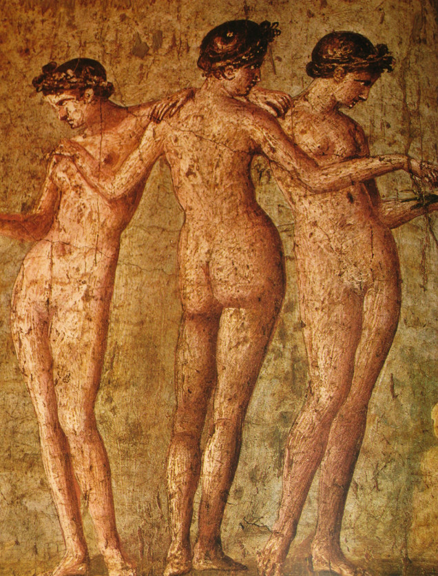 erotic art of pompeii, three woman standing together naked