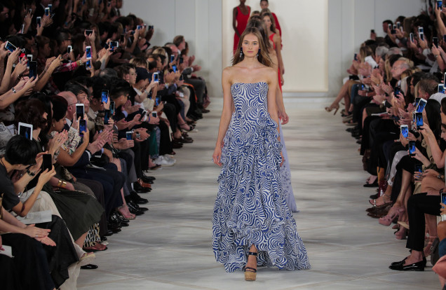 runway, girl walking down runway, printed dress, fashion show