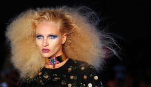 A model wears a creation by Indian designer Manish Arora, runway