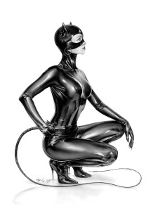 catwoman, whip, bondage, black and white, corset, flogger, drawing, sketch, s&m, ray leaning