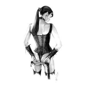 bondage, black and white, corset, flogger, drawing, sketch, s&m