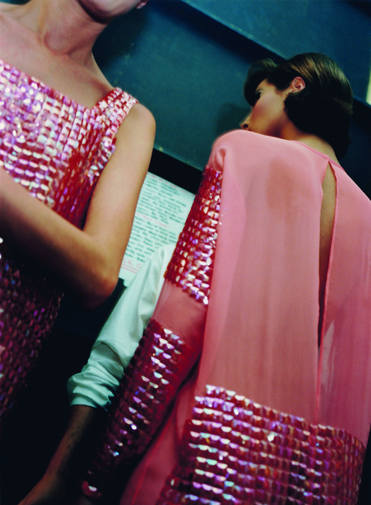 isaac mizrahi fashion, models backstage in  pink dresses
