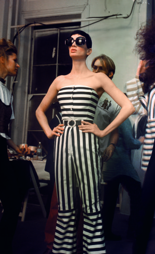 isaac mizrahi fashion, woman in striped jumpsuit