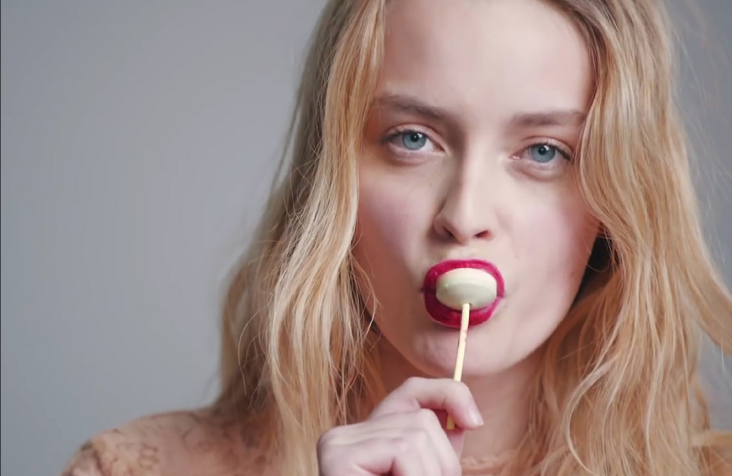 pretty girls, woman sucking lollipop with red lipstick
