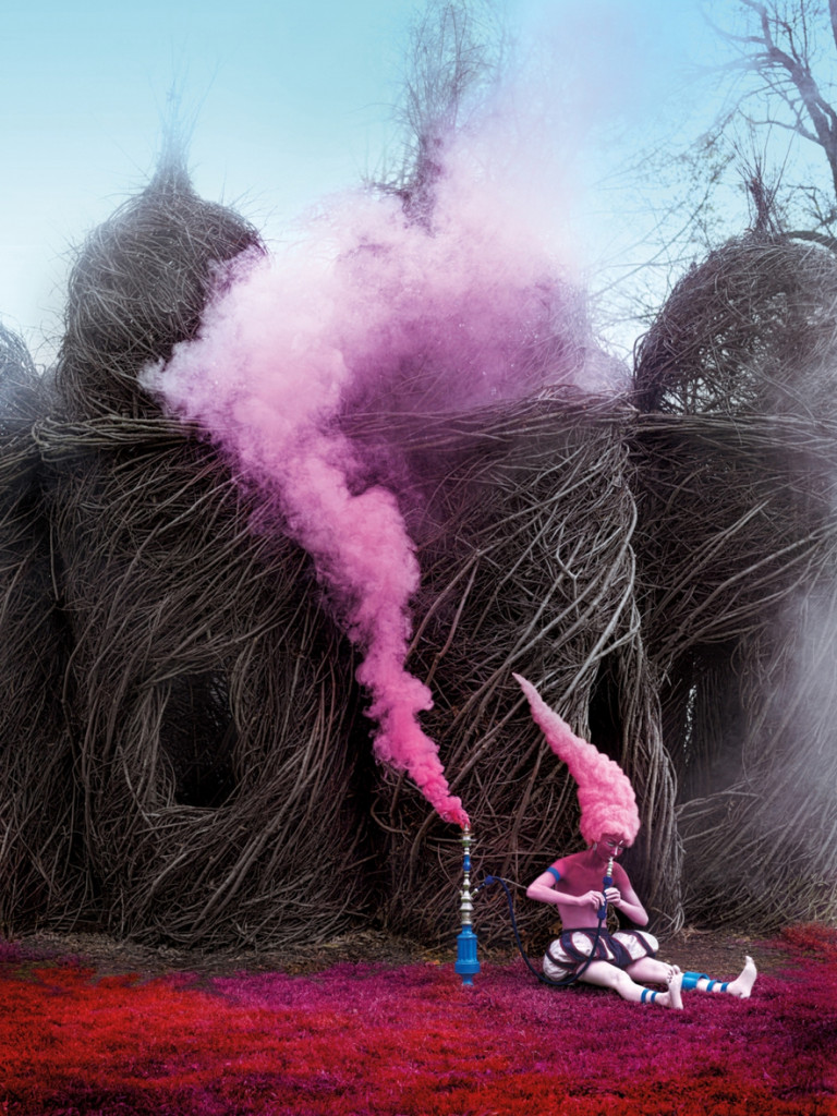 cade martin photography, man in pink wig smoking hookah with pink smoke
