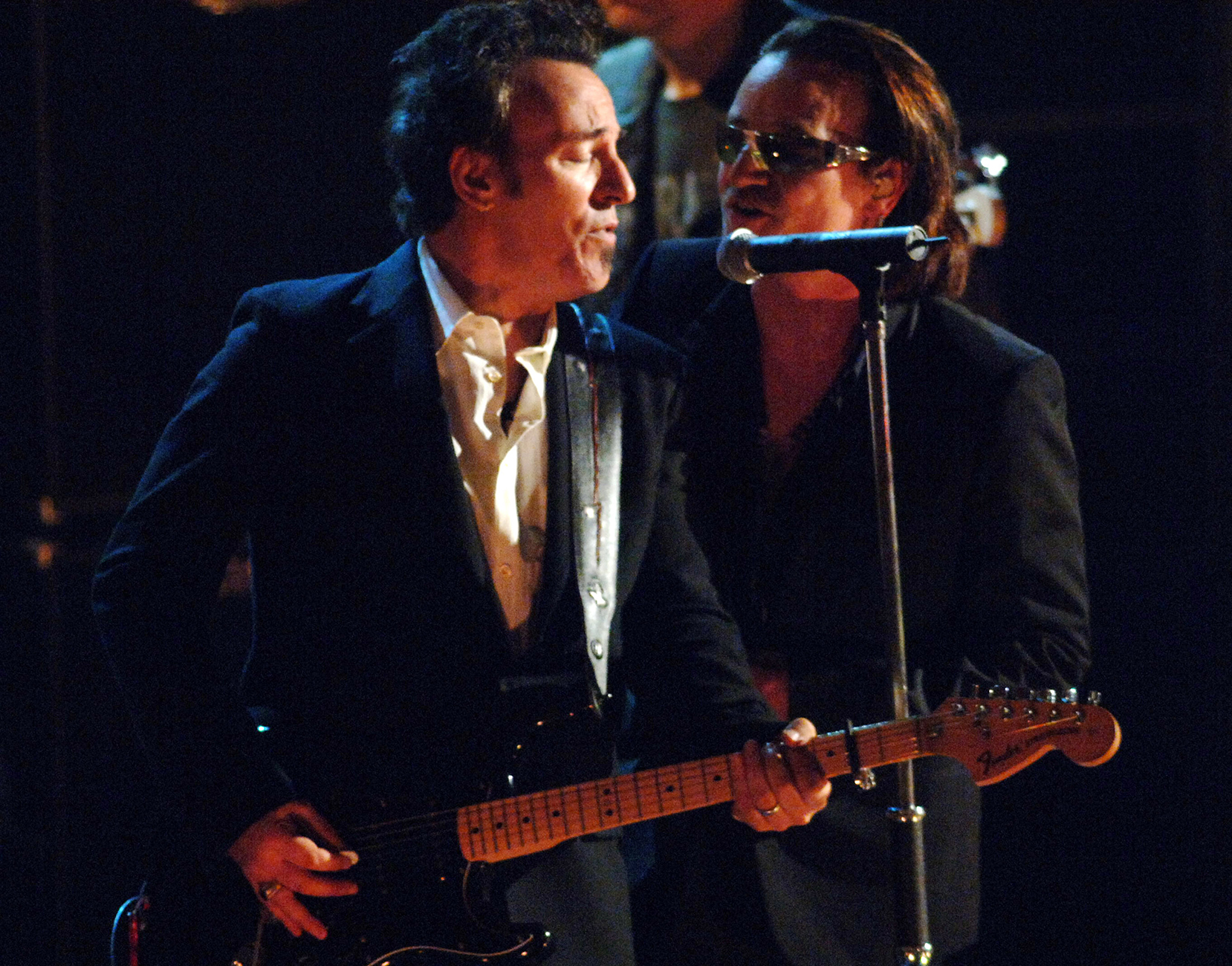 Bruce Springsteen, presenter, with Bono of U2, inductee (Photo by Jeff Kravitz/FilmMagic)