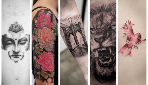 tattoos, face, flowers on arm, bridge on forearm, lion, bird