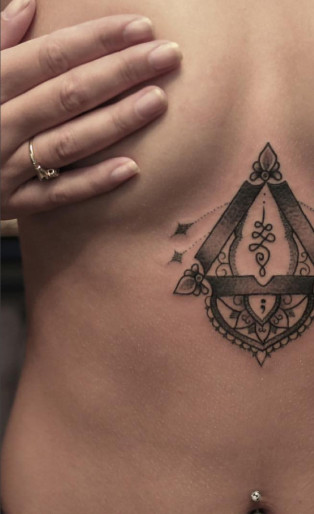 bang bang, chest tattoo on women's sternum