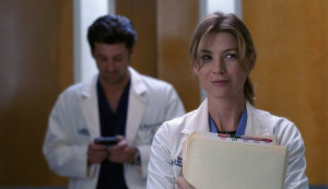Grey's Anatomy, ellen pompeo and patrcik dempsey in medical scrubs