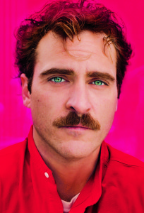 joaquin phoenix,, with green eyes wearing a red shirt, her film