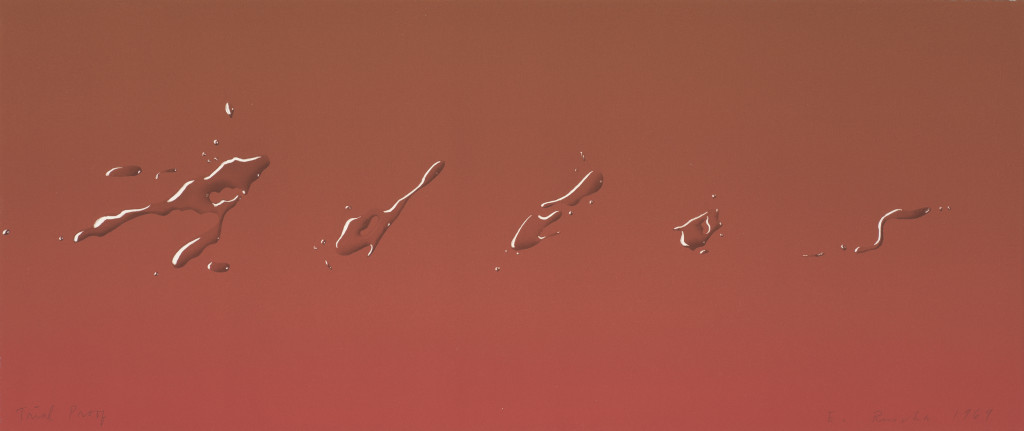 Adios (1969), by Ed Ruscha. Color lithograph, 9.25 x 22 inches. Published by Tamarind Lithography Workshop, Los Angeles. Fine Arts Museums of San Francisco. © Ed Ruscha. 
