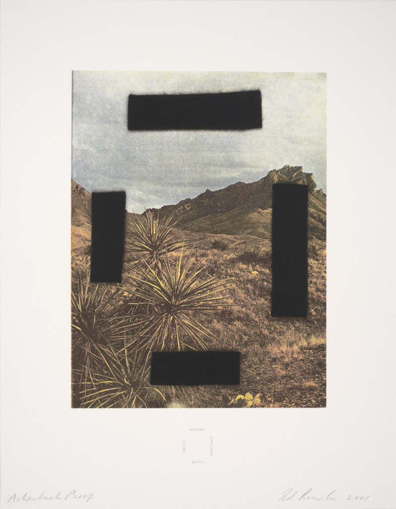 Noose Around Your Neck, by Ed Ruscha, from the series Country Cityscapes (2001). Color photogravure with screenprint, 18 x 14 in. Published by Graphicstudio, University of South Florida, Tampa. Fine Arts Museums of San Francisco. © Ed Ruscha. 