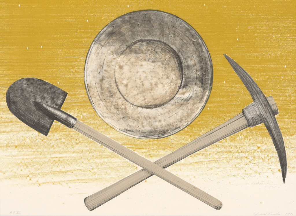 Pick, Pan, Shovel (1980), by Ed Ruscha. Color lithograph, 22.1875 x 30.0625 in. Published by Graphic Arts Council, Los Angeles County Museum of Art. Fine Arts Museums of San Francisco. © Ed Ruscha. 