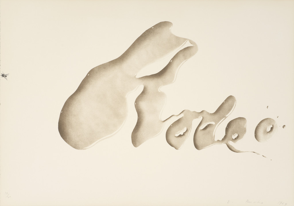 Rodeo (1969), by Ed Ruscha. Color lithograph, 17 x 24 inches. Published by Tamarind Lithography Workshop, Los Angeles. Fine Arts Museums of San Francisco. © Ed Ruscha. 