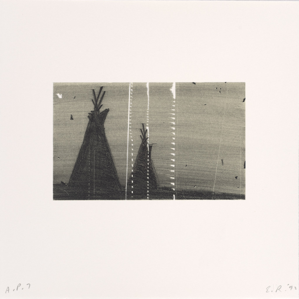 Teepees, by Ed Ruscha, from the portfolio Cameo Cuts (1992). Color lithograph, 12 x 12 inches. Published by Edition Julie Sylvester, New York. Fine Arts Museums of San Francisco. © Ed Ruscha.