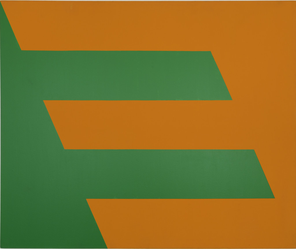 <em>Green and Orange</em> (1958), by Carmen Herrera. Acrylic on canvas, 60 x 72 inches. Cejas Art Ltd. Paul and Trudy Cejas. © Carmen Herrera.