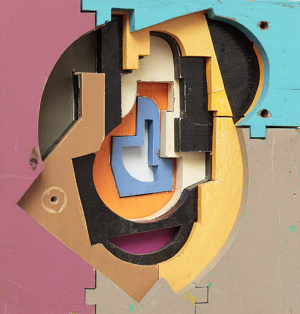 Into It #3 (2015), by Mike Wright. Found painted wood, 12 x 12 x 4 inches. © Mike Wright. Photo: Courtesy Alden Gallery, Provincetown, MA.