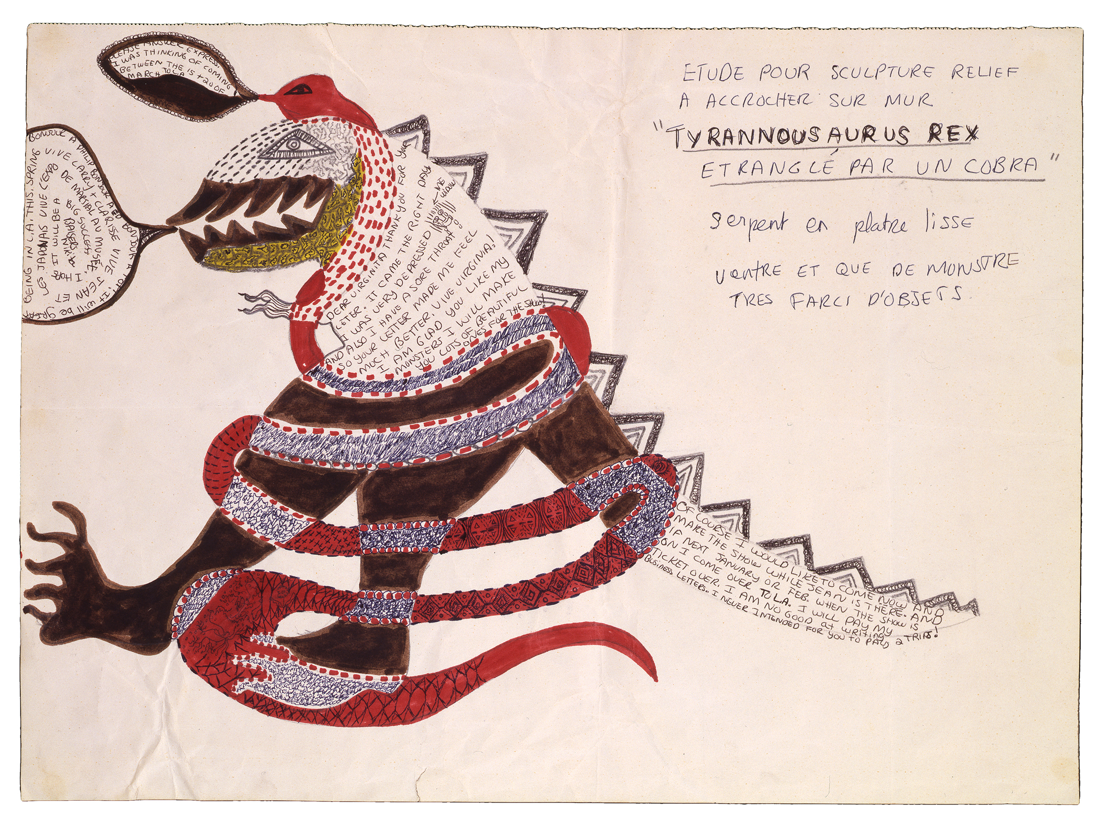Tyrannousaurus Rex etranglé par un cobra (c. 1963), by Niki de Saint Phalle. Colored markers, ballpoint pen and graphite on paper sheet, 14.1875 x 19.3125 inches. Collection of Virginia Dwan.