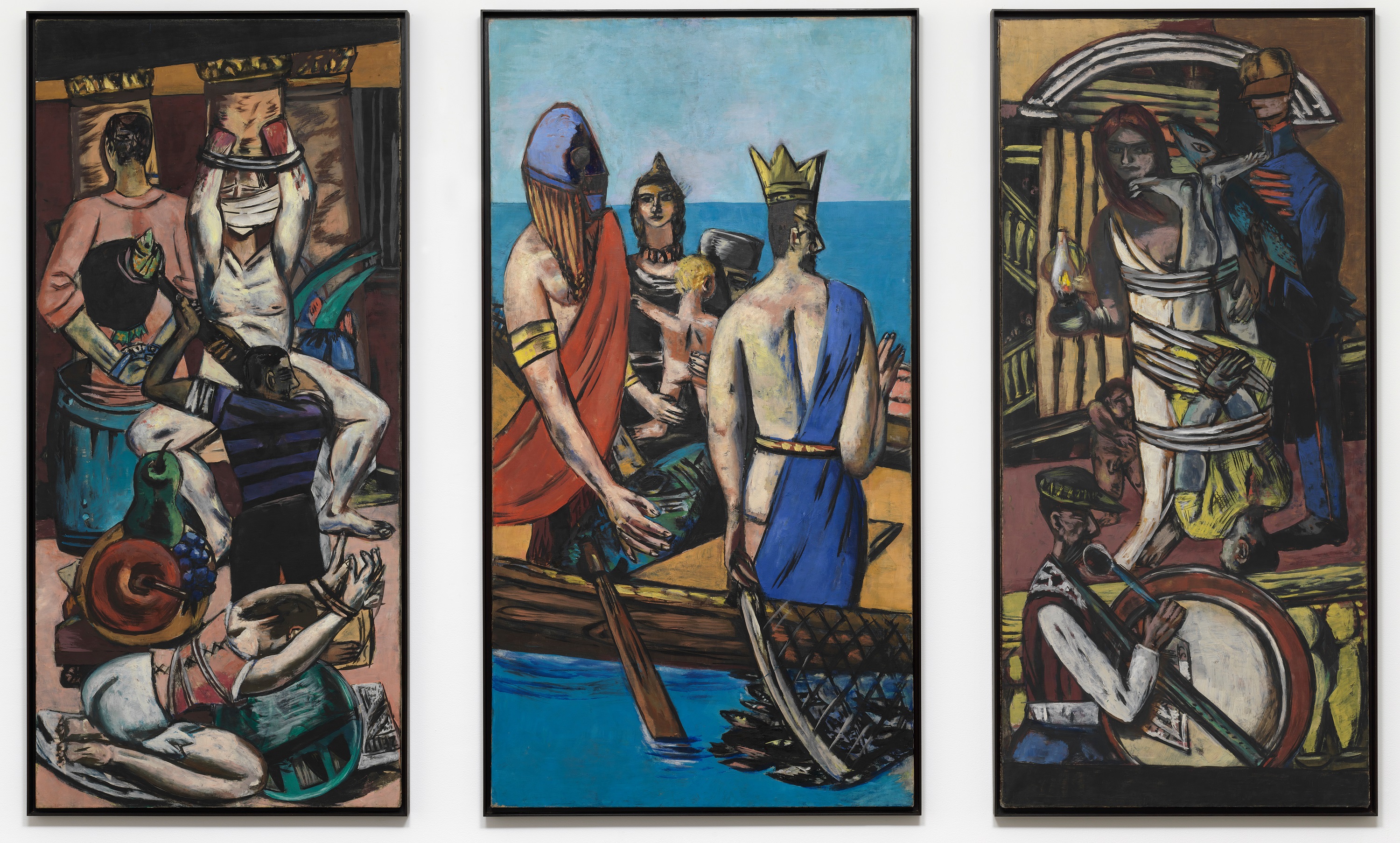 Departure (1932–33), by Max Beckmann. Oil on canvas; central panel: 84.75 × 45.375 inches; left panel: 84.75 × 39.25 inches; right panel: 84.75 × 39.25 inches. Museum of Modern Art, New York. © 2016 Artists Rights Society (ARS), New York / VG Bild-Kunst, Bonn.