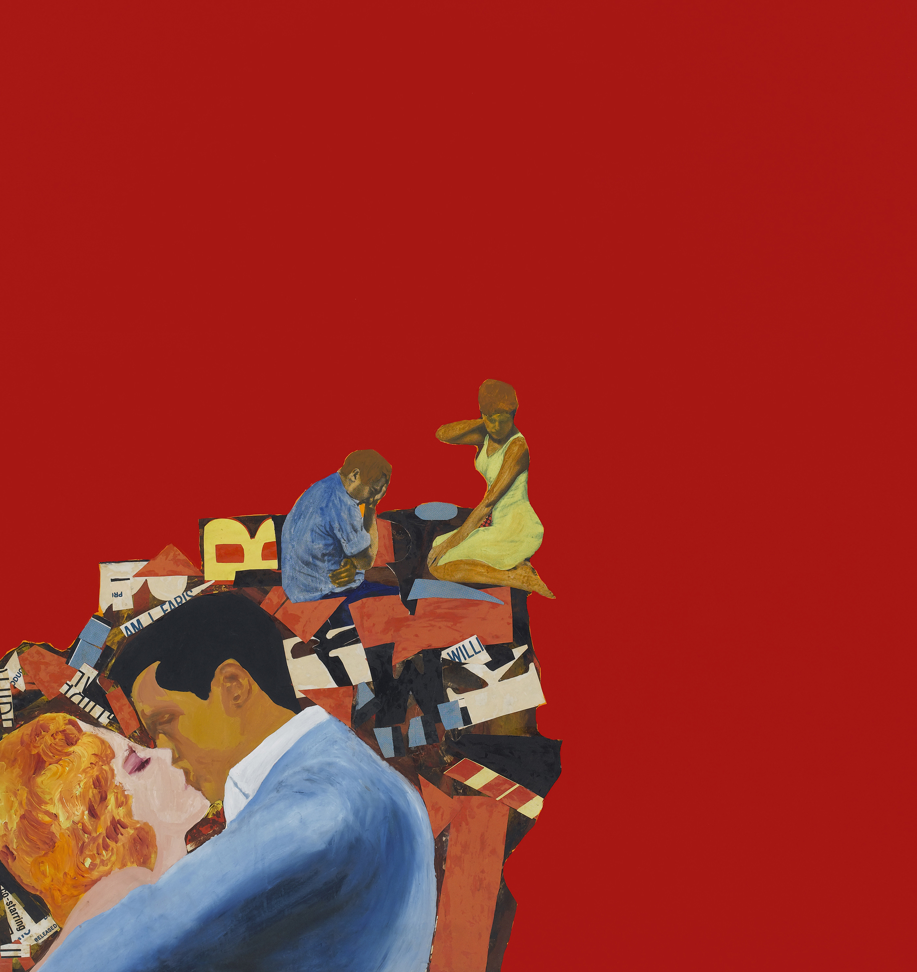 Lovers (1963), by Rosalyn Drexler. Acrylic and paper collage on canvas, 55.25 x 52 inches. Albright-Knox Art Gallery, Buffalo, New York. © 2016 Rosalyn Drexler / Artists Rights Society (ARS), New York and Garth Greenan Gallery, New York.