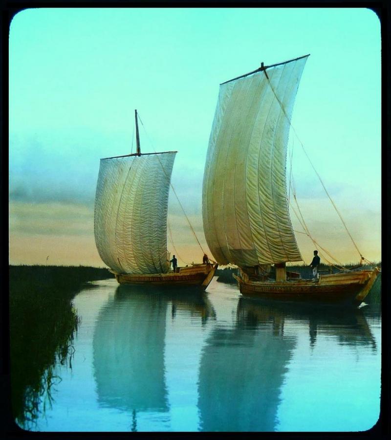 Boats Under Sail: Enami's Time-Honored Image of Two Japanese Junks.