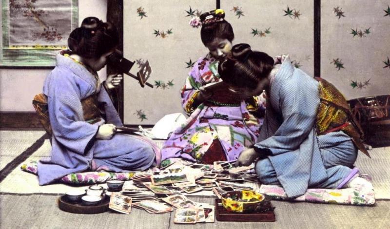 Two Geishas and a Maiko Looking at 3-D in T. Enami's Studio.