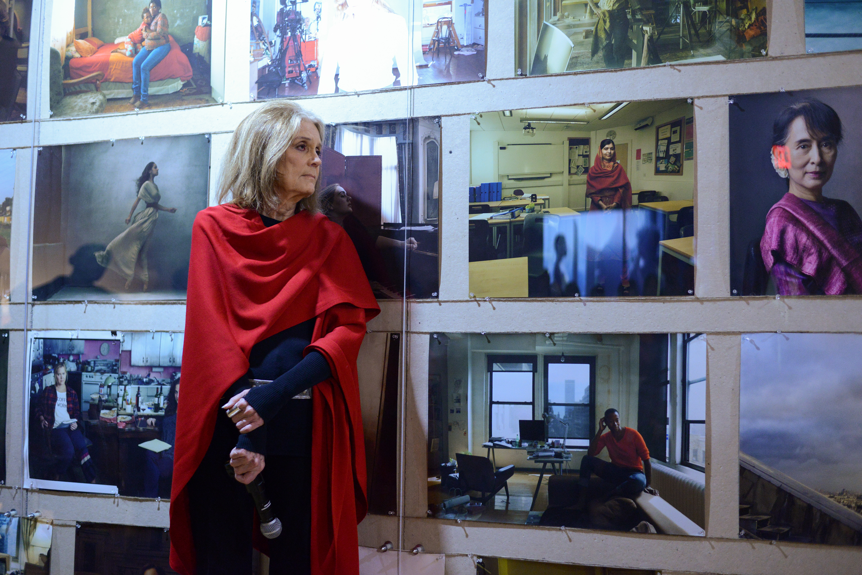 Gloria Steinem at "WOMEN: New Portraits," an exhibit of photographs by Annie Leibowitz, comissioned by UBS, at the former Bayview Correctional Facility, the future home of the Women's Building. © Casey Kelbaugh.