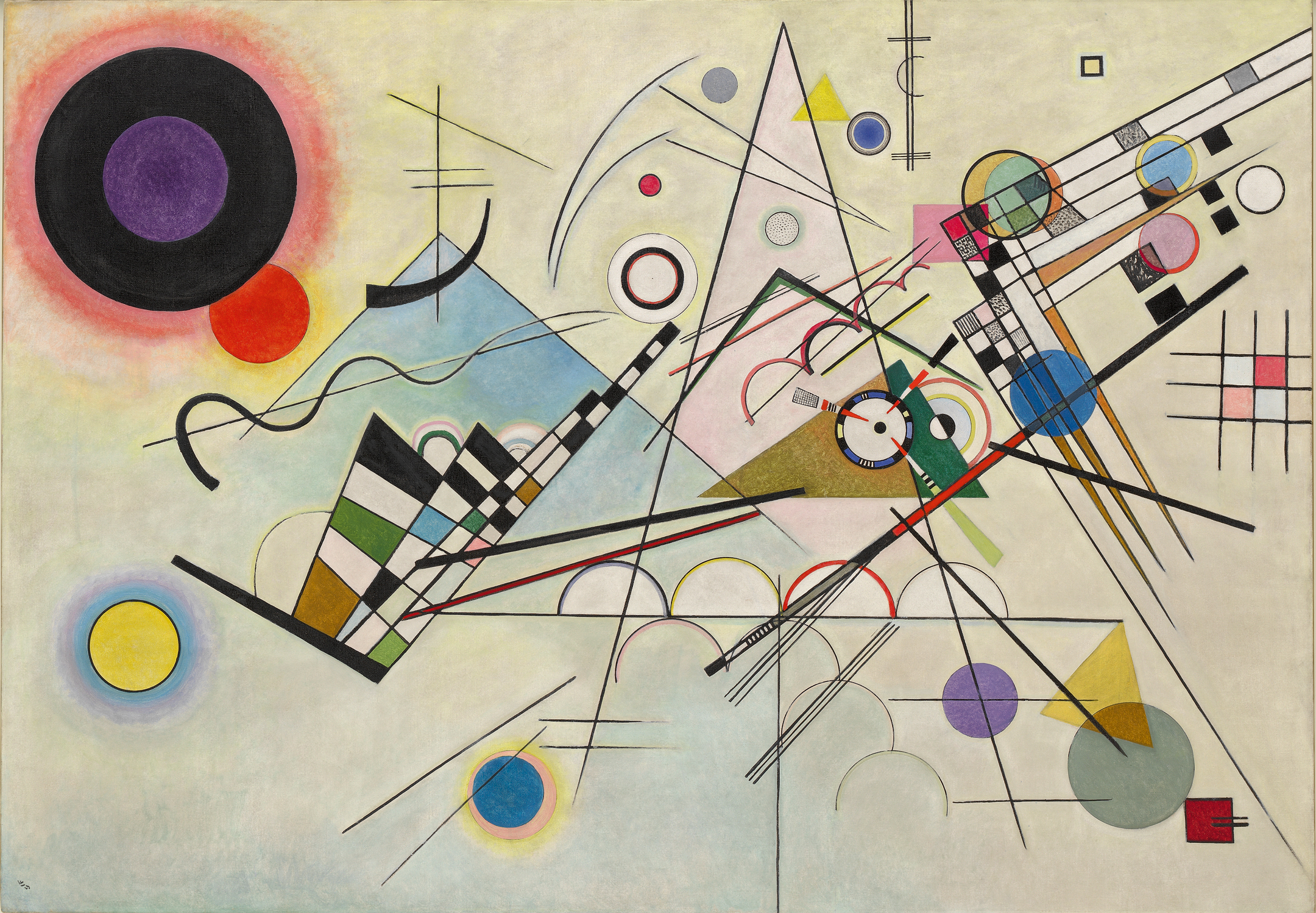 Composition 8 (1923), by Vasily Kandinsky. Oil on canvas, 140 x 201 cm. Solomon R. Guggenheim Museum, New York. © 2016 Artists Rights Society (ARS), New York/ADAGP, Paris.