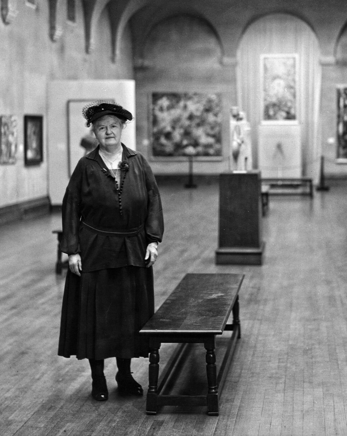 Katherine S. Dreier in the Société Anonyme collection exhibition at the Yale University Art Gallery, New Haven, Connecticut, January 13–February 23, 1942. Courtesy Katherine S. Dreier Papers/Société Anonyme Archive, Yale Collection of American Literature, Beinecke Rare Book and Manuscript Library (Dreier Papers/Société Anonyme Archive).
