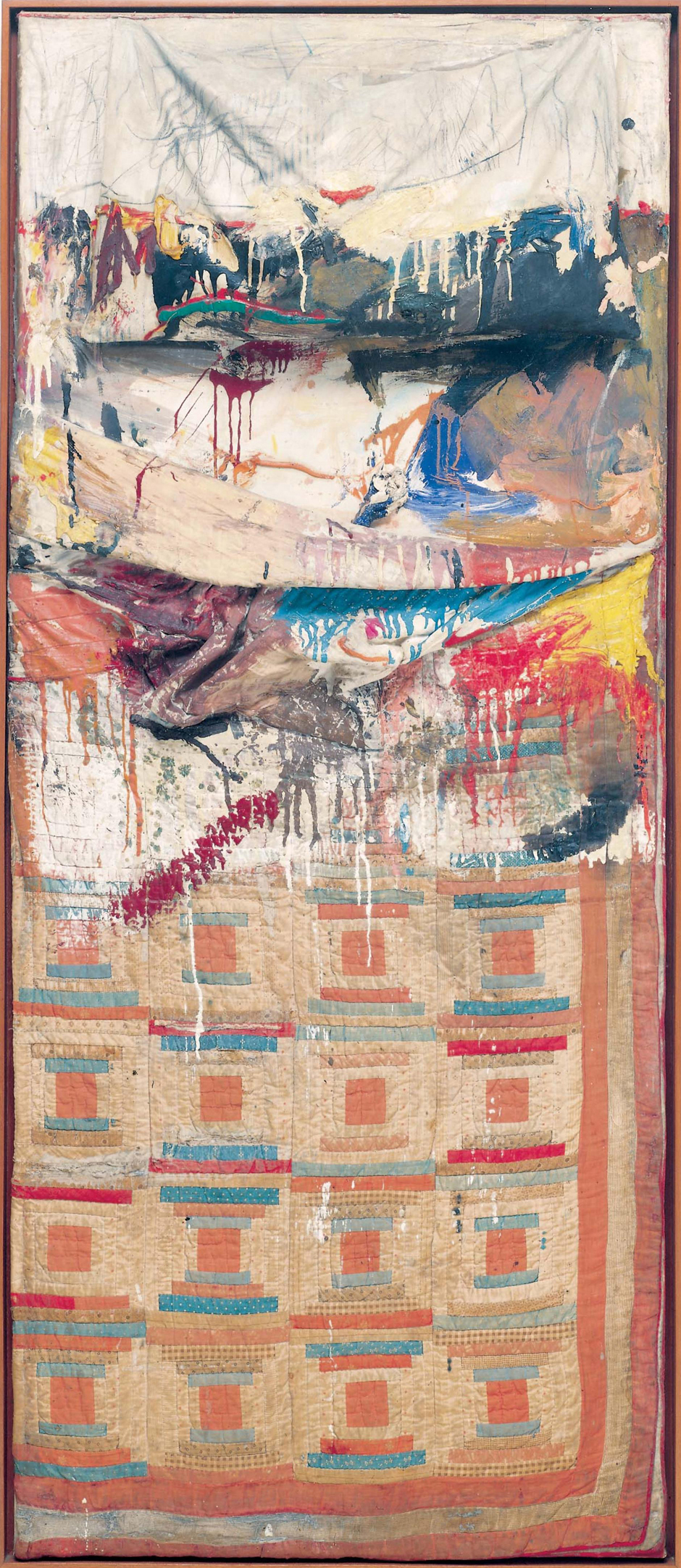 Bed (1955), by Robert Rauschenberg. Combine painting: oil, pencil, toothpaste, and red fingernail polish on pillow, quilt (previously owned by the artist Dorothea Rockburne) and bedsheet mounted on wood supports. 191.1 x 80 x 20.3 cm. Museum of Modern Art, New York. © Robert Rauschenberg Foundation, New York. Image: Museum of Modern Art, New York/Scala, Florence.