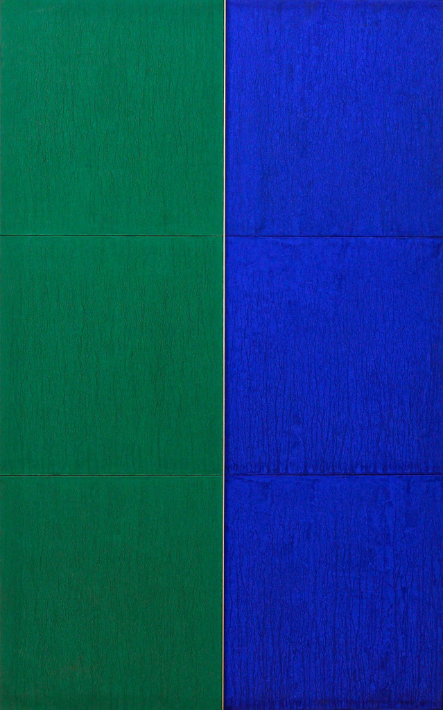 Untitled (Blue/Green) by Tadaaki Kuwayama  (1961).  Dry pigment and acrylic on paper with aluminum, mounted on Masonite, 48 x 30 inches.  Courtesy of the artist.