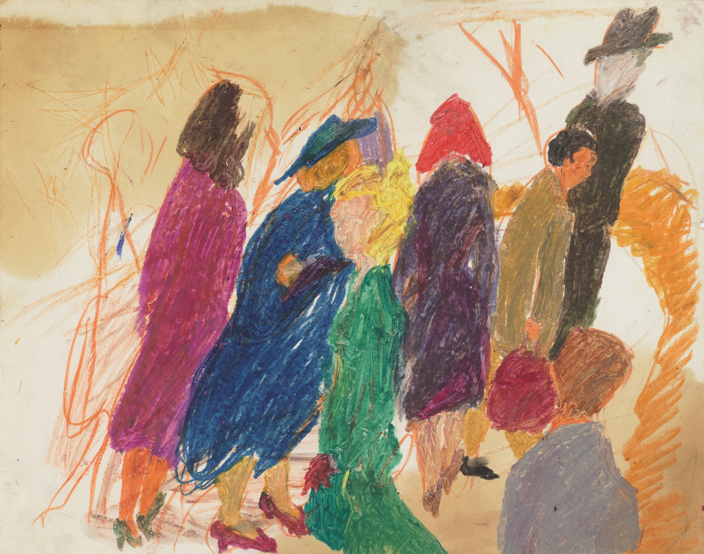 Street Scene by Mimi Gross  (1958).  Oil stick on paper, 11 x 13 7/8 inches. Courtesy the artist Photo: Jeffrey Sturges.