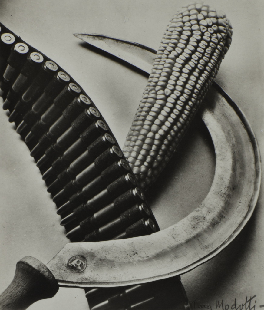 Bandolier, Corn and Sickle by Tina Modotti (1927). Photograph, gelatin silver print on postcard stock. 95 x 79 mm. 