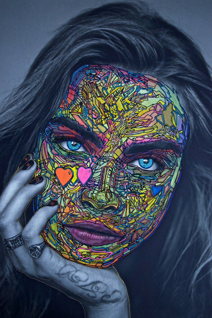 Cara Delevingne by Ariel Shallit. Archival digital print and acrylic on canvas, 30 x 20 inches. Courtesy of the Jim Kempner Gallery.