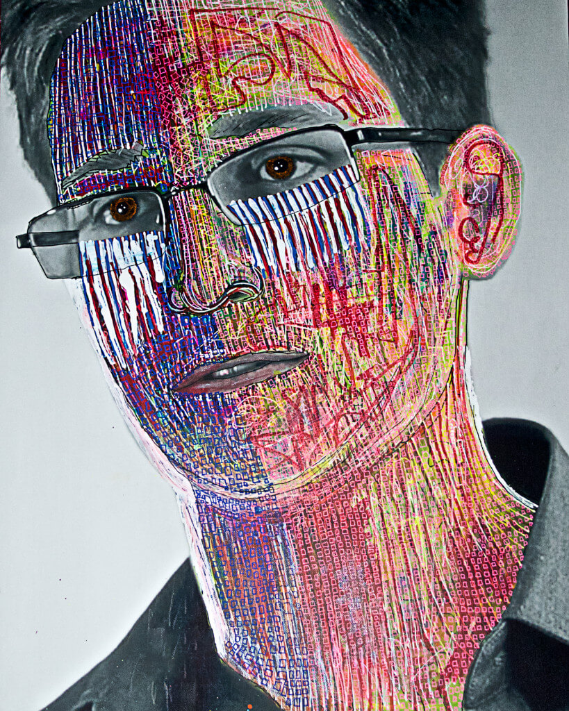 Edward Snowden by Ariel Shallit. Archival digital print and acrylic on canvas, 30 x 20 inches. Courtesy of the Jim Kempner Gallery.