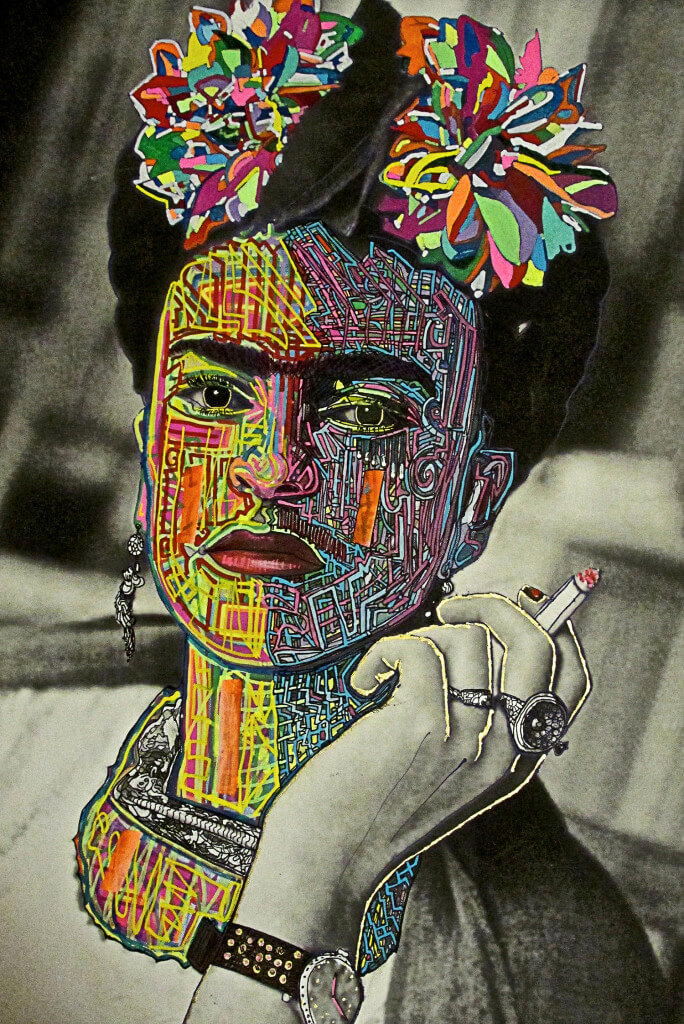 Frida Kahlo by Ariel Shallit. Archival digital print and acrylic on canvas, 30 x 20 inches. Courtesy of the Jim Kempner Gallery.