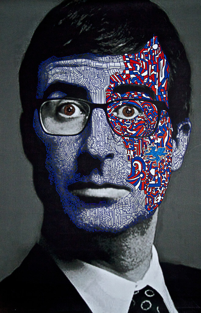 John Oliver by Ariel Shallit, Archival digital print and acrylic on canvas, 30 x 20 inches. Courtesy of the Jim Kempner Gallery.