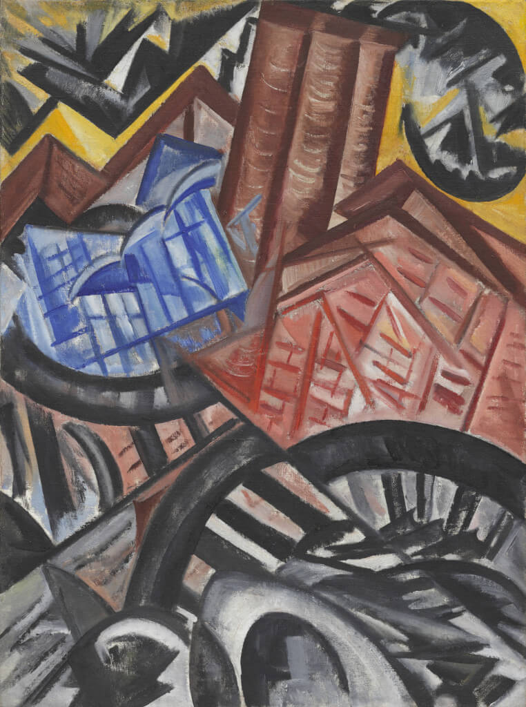 The Factory and the Bridge (1913) by Olga Rozanova. Oil on canvas, 32 3/4 x 24 ¼ inches. The Museum of Modern Art, New York. The Riklis Collection of McCrory Corporation.