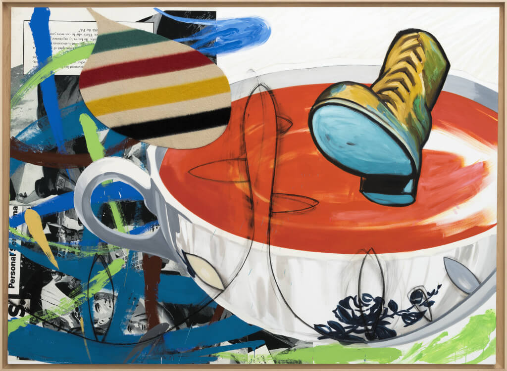 Lunchtime (2016 ) by David Salle. Oil, acrylic, flashe, charcoal, oil stick, fabric and archival digital print mounted on linen, 84 x 114 inches. Courtesy Galerie Thaddaeus Ropac © David Salle, licensed by Vaga, New York, 2017 Photo: Charles Duprat, Paris.