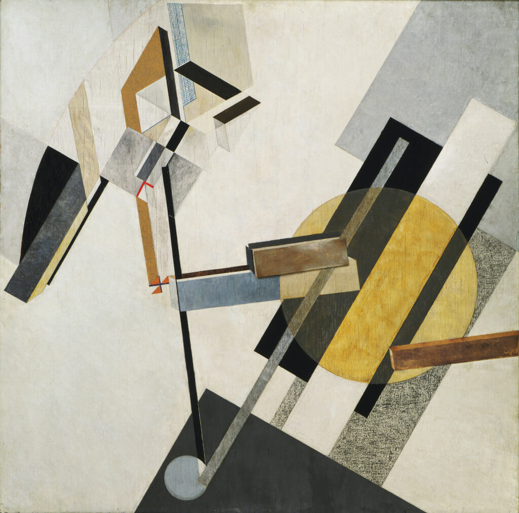  Proun 19D ( circa 1920-1921) by El Lissitzky. Gesso, oil, varnish, crayon, colored papers, sandpaper, graph paper, cardboard, metallic paint, and metal foil on plywood, 38 3/8 x 38 ¼ inches. The Museum of Modern Art, New York. Katherine S. Dreier Bequest.