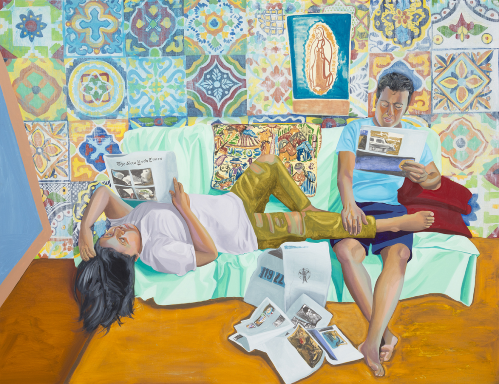La Talaverita, Sunday Morning NY Times by Aliza Nisenbaum (2016). Oil on linen, 68 × 88 inches. Collection of the artist, courtesy of T293 Gallery, Rome and Mary Mary, Glasgow.
