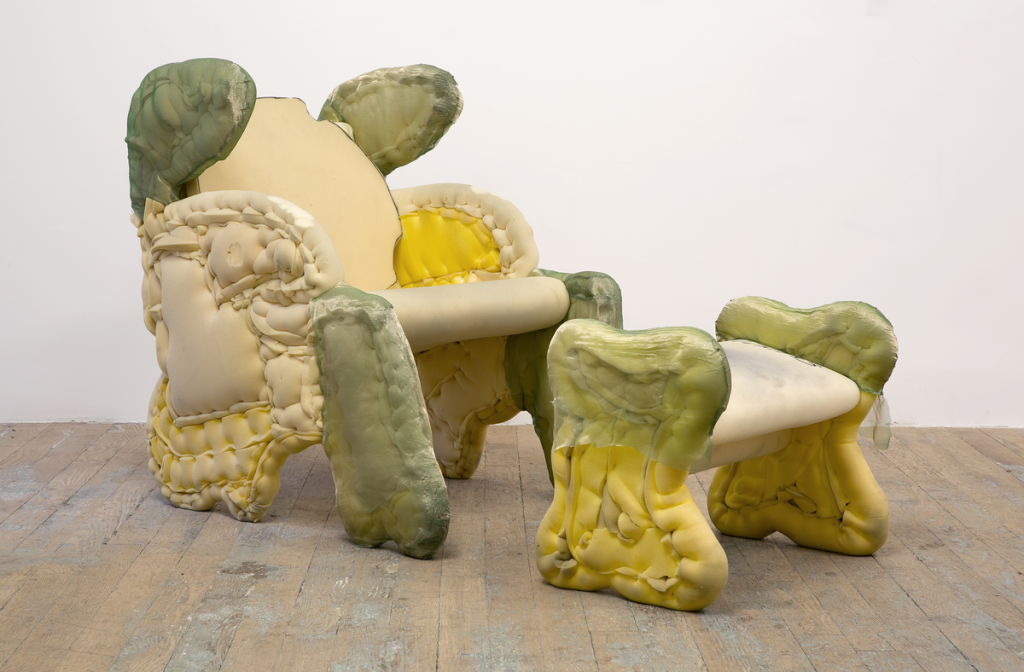 Idol of the Hares (2014) by Jessi Reaves. Oak, polyurethane foam, silk, cotton, aluminum, and ink, 38 × 28 x 48 inches. Courtesy of the artist and Bridget Donahue, New York.