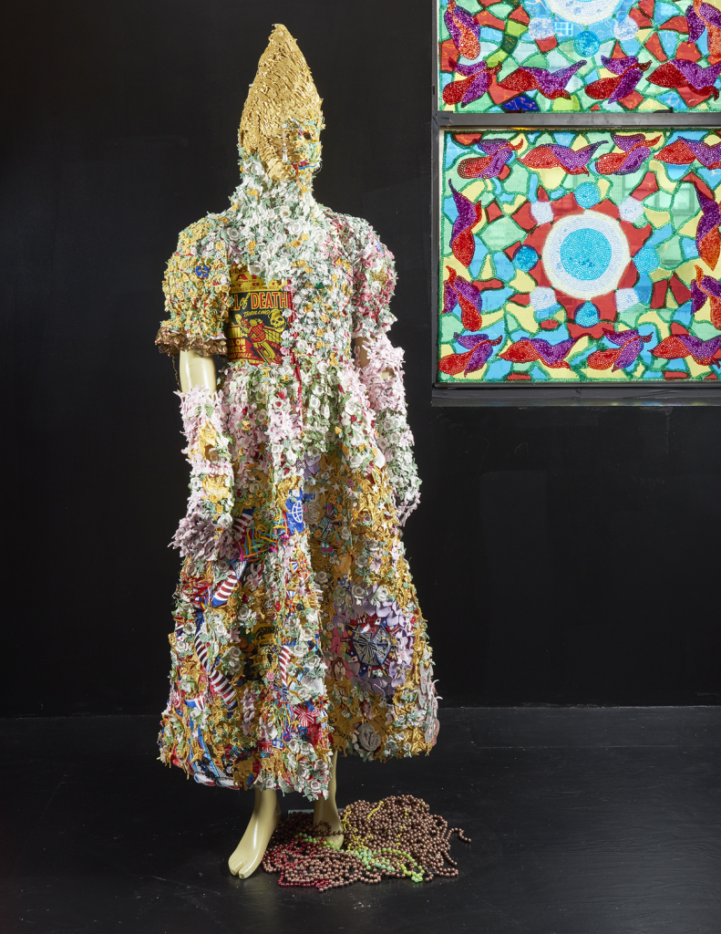 Somos Monstros (2016) by Raúl de Nieves. Cloth patches, fabric, and mannequin, 79 x 26 1/2 x 18 1/2 inches. Courtesy of the artist and Company Gallery, New York.