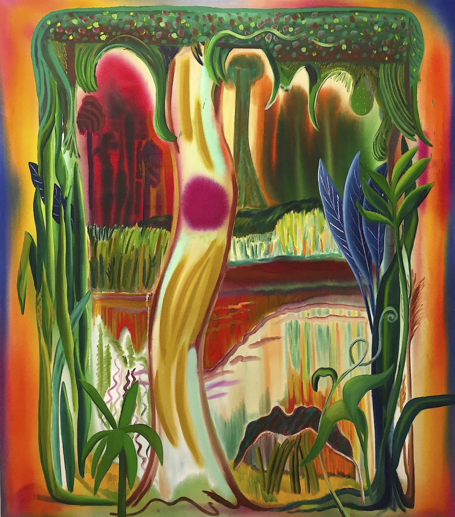 In The Clear (2016) by Shara Hughes. Oil, acrylic and dye on canvas, 68 x 60 inches. Collection of the artist, courtesy of Rachel Uffner, New York.