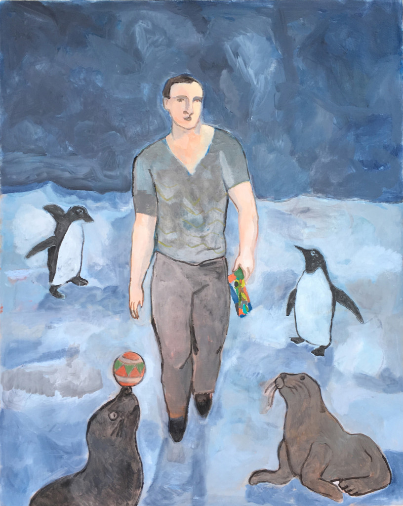 The Wayfarer with Penguins (2017) by Sandro Chia. Oil on Canvas, 60.24 x 48 inches. Courtesy of Marcus Straus.