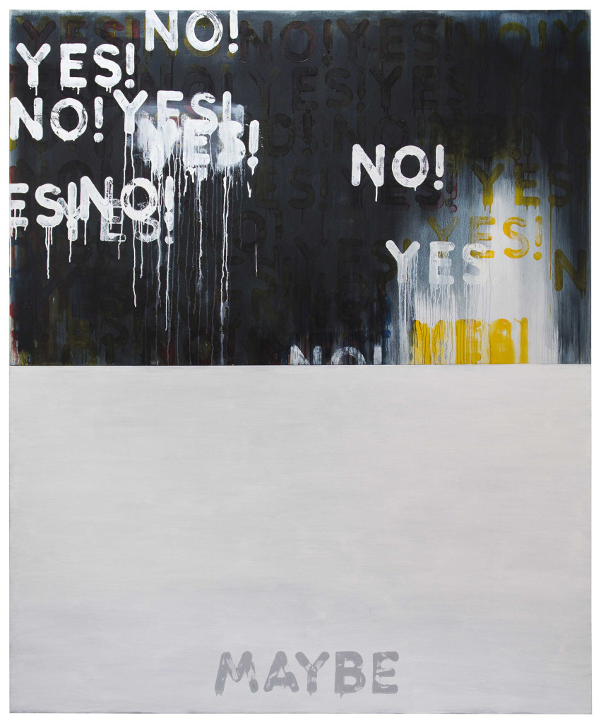 Yes!/No! Maybe (2016). oil on canvas, in two parts each: 48 1/8 x 80 1/8 inches. overall: 96 1/4 x 80 1/8 inches.
