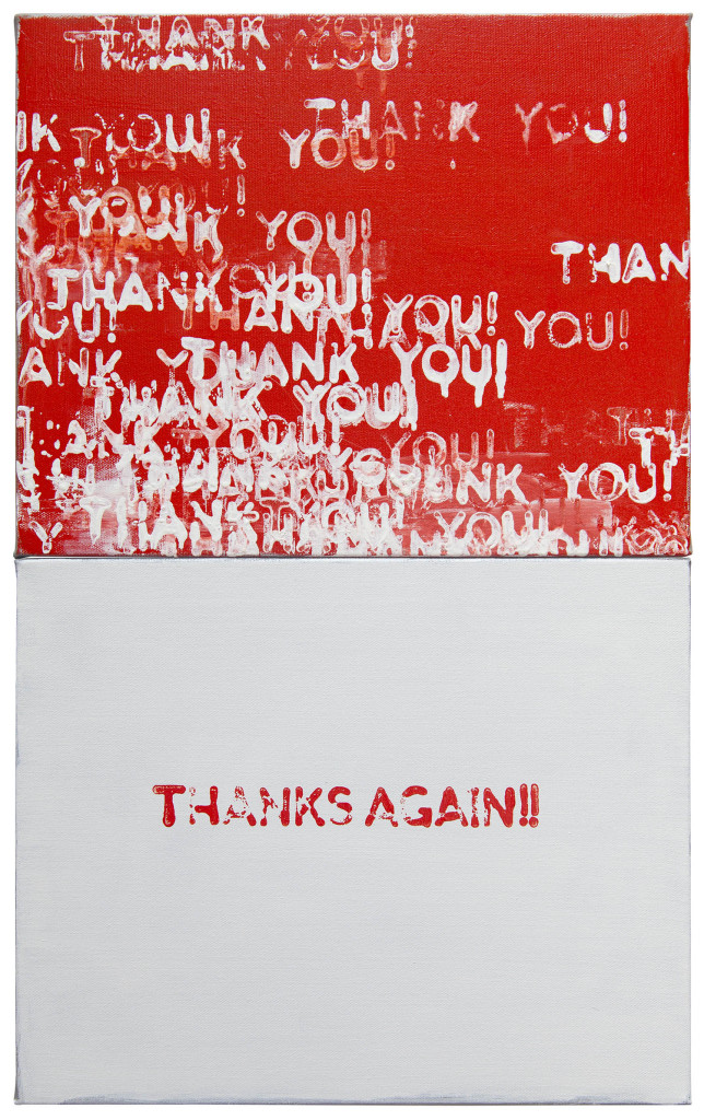 Thanks Again!! (2017). oil on canvas, in two parts each: 11 x 14 inches. overall: 22 x 14 inches. 
